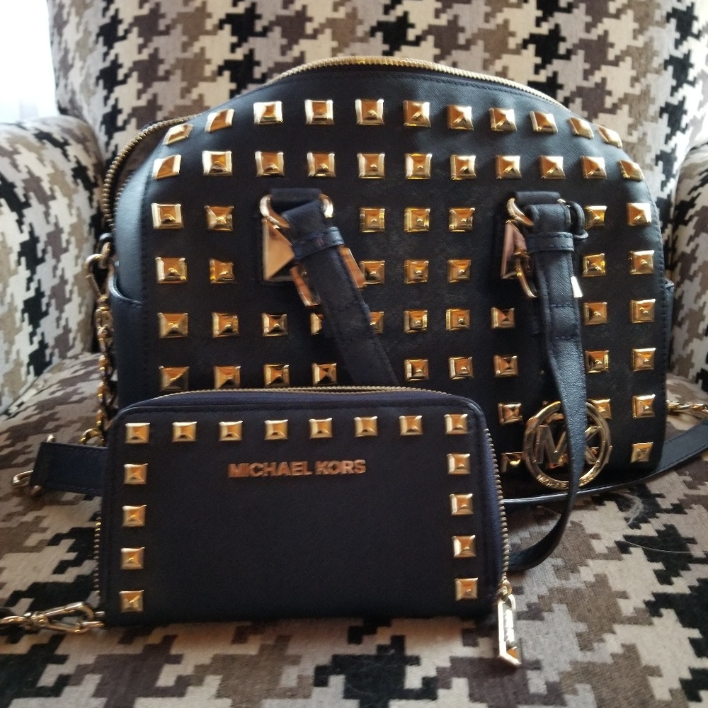 Navy & Gold studded Michael Kors bag & wristlet